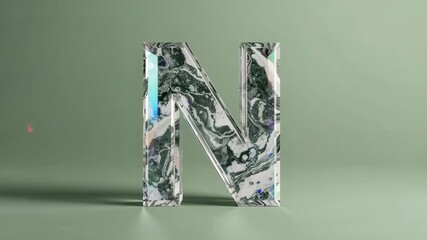 With lights shifting, light reflections dancing across marbled letter N sculpture on sage backdrop - Powered by Adobe
