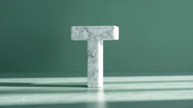 Emerging light sliding across green surface behind blinds, highlighting marble T-shaped sculpture