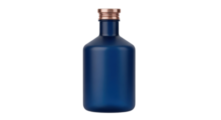 Isolated dark blue bottle with bronze cap, modern design, elegant vessel, branding mock-up