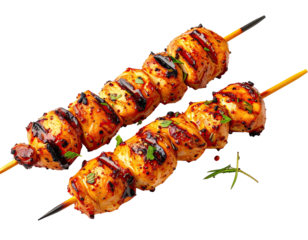 Two chicken skewers, glazed and seasoned, on wooden sticks