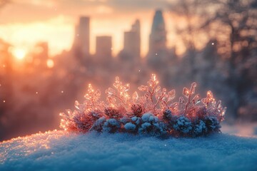 Christmas wreath sitting atop a snow-covered cityscape.