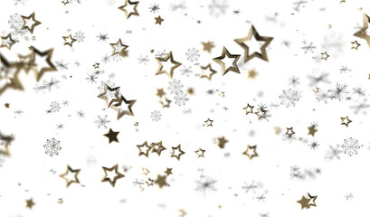 Sparkling gold stars and snowflakes on white. Perfect for Christmas, New Year, winter holidays.