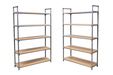 Two tall industrial metal and wood shelving units isolated on transparent background