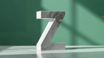 Rotating marble letter Z sculpture on reflective tabletop by green wall shifting window grid shadow - Powered by Adobe