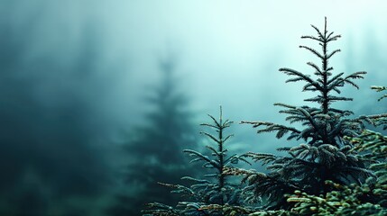 Naklejka premium A serene, misty forest landscape with evergreen trees, evoking a sense of tranquility and natural beauty, blurred bokeh background