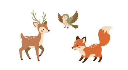 Adorable cartoon forest animals: deer fox and owl.