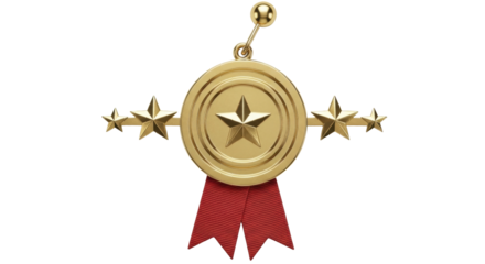 Isolated Five-Star Gold Award Medal with Red Ribbon for Excellence, Achievement, Success