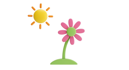 Isolated yellow sun and pink flower, colorful cartoon illustration, summer season graphic