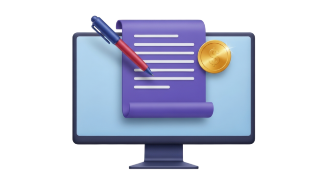 Isolated Monitor, Document, Pen and Gold Coin Representing Online Transactions and Contracts