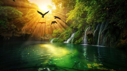 Serene Natural Landscape with Waterfall and Birds in Sunlit Forest Scene