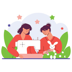 Two women sewing together one using a sewing machine and the other holding a toy bunny vector illustration