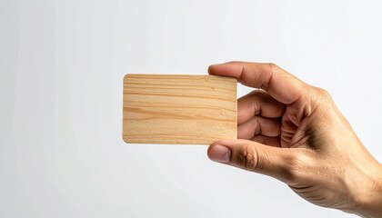 Hand holding a blank light brown wooden business card