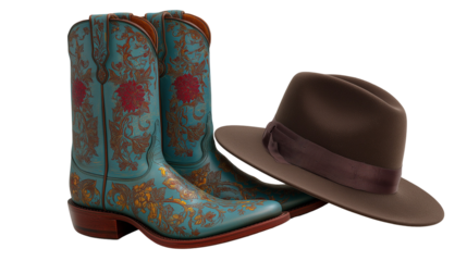 Turquoise cowboy boots and brown fedora hat isolated on transparent background
