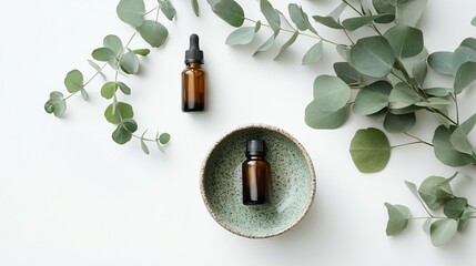 essential oil and eucalyptus leaves on a white background, top view.