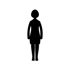 Silhouette of a woman in a dress standing straight on a white background