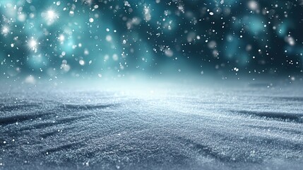 A serene winter scene featuring a shimmering, snowy landscape with falling snowflakes and a soft, glowing background, blurred bokeh background