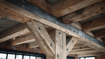 Industrial Carpentry Detail of Timber Beams with Metal Plates