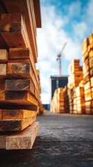 Organized Stacks of Lumber in Rows Outdoors with Warm Natural Wood Tones