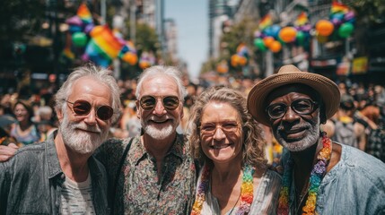 Diverse Friends Celebrating at LGBTQ+ Pride Parade with Rainbow Flags