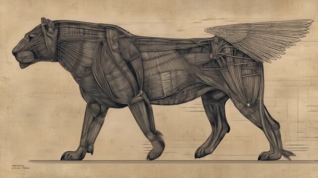 Artistic illustration of a winged lion creature with anatomical details