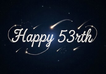 Elegant Silver Glitter "Happy 53rth" Script with Shooting Stars on a Dark Starry Space Background