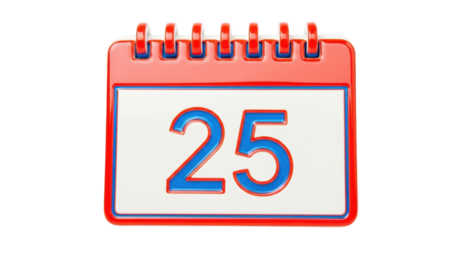 Isolated calendar showing twenty fifth day, indicates the important date of the month