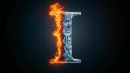 Emerging metallic letter I burning left half and freezing right half on gradient backdrop, textures - Powered by Adobe