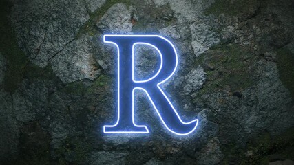 Powering up blue neon letter R sign pulsing on rugged stone wall, revealing cracks and moss - Powered by Adobe