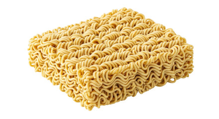 Isolated dried instant noodles block ready for cooking quick meal recipe concept