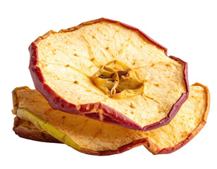 Two slices of dried apple, overlapping, showing a slightly reddish-brown hue with a light yellow center