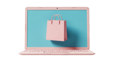 Isolated pink laptop computer with shopping bag on blue screen for online shopping