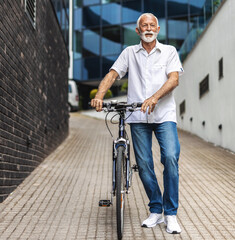 Person, entrepreneur and employee with bicycle, transportation and sustainability. Businessman with bicycle standing in the city.