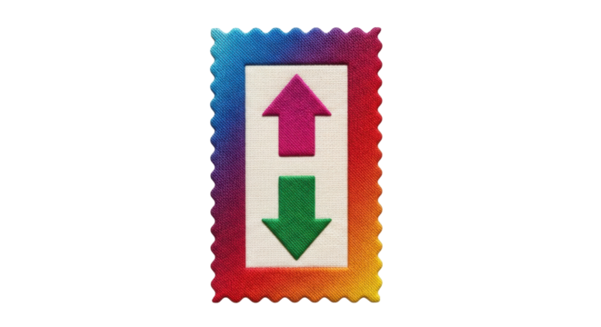 Isolated fabric patch with upward and downward pointing arrows indicating movement or direction