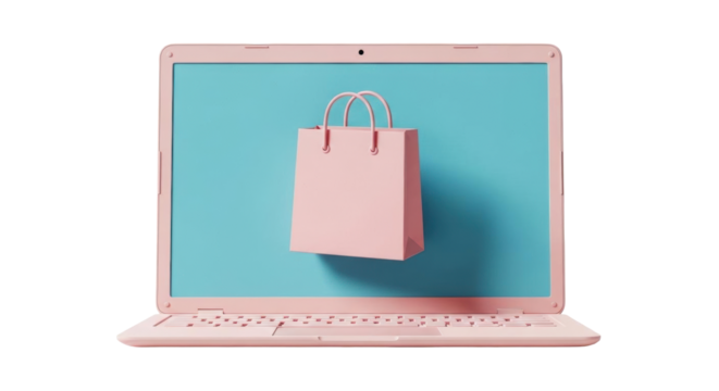 Isolated pink laptop computer with shopping bag on blue screen for online shopping