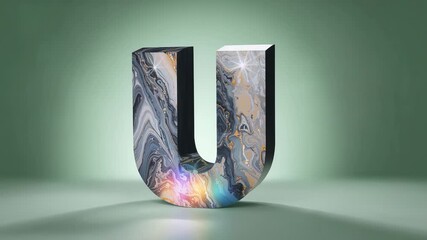 Marble-swirl 3D letter U rotating in studio after sparkle appearing triggers revealing rainbow glow - Powered by Adobe