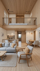 A duplex room in loft style with two levels a bedroom upstair and kithcen, dining table with living room downstair.