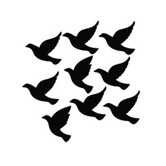 A flock of black silhouette birds flying in formation against a white background