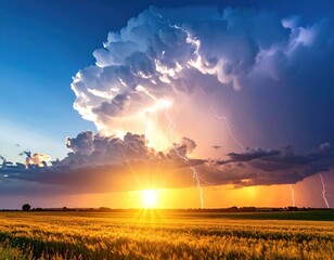 Dramatic sunset over a golden field, with a massive storm cloud and lightning