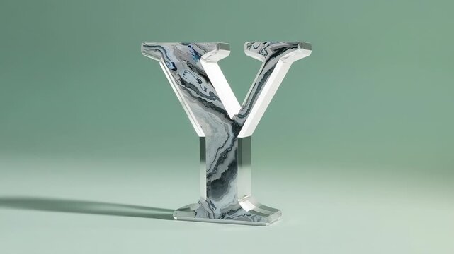 Rotating letter Y revealing marbled face, showing silver side on green corner with shifting shadow