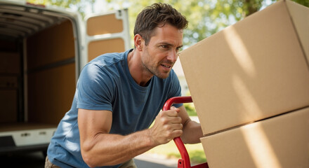 Man Transporting Moving Boxes with Hand Truck in Residential Area for Moving Company Promotions, Logistics Blogs, and Moving Tips Articles