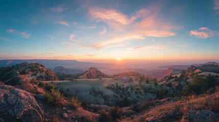 Fototapeta premium Panoramic Sunrise Over Rocky Hills