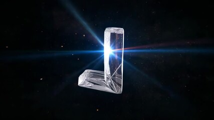 Sweeping beam rotating crystal letter L, bursting lens flare and drifting particles in starry void - Powered by Adobe