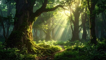 Sunlight streams through ancient trees in a lush forest