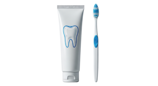 Isolated hygiene products display toothpaste and toothbrush for oral care and dental health - Powered by Adobe