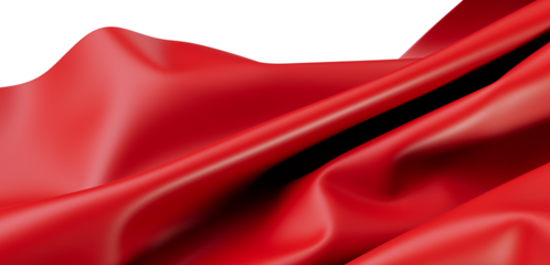 Close-up of a red fabric, showing graceful folds and a smooth texture. The fabric drapes beautifully, with a white background and deep shadows.