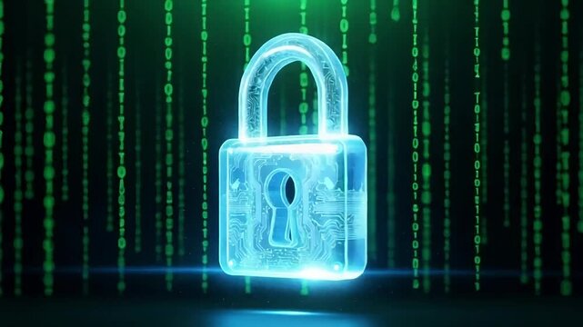 Lock icon forming in digital matrix code stream for cyber security video, protecting data in the cloud, technology encryption