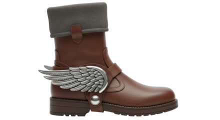 Isolated brown leather ankle boot with angel wings, modern footwear, stylish street style