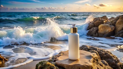Skincare bottle on beach with ocean waves