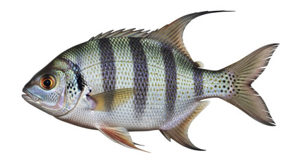 Isolated Sheepshead fish, Archosargus probatocephalus, with distinctive stripes and dorsal spines