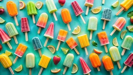 Assortment of colorful popsicles and fruit slices